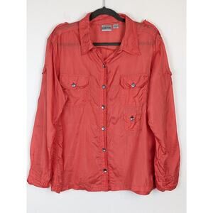 Chico's Top Silk Pocket Roll Tab Sleeve Coral Pink Orange Barbie Boho Size L